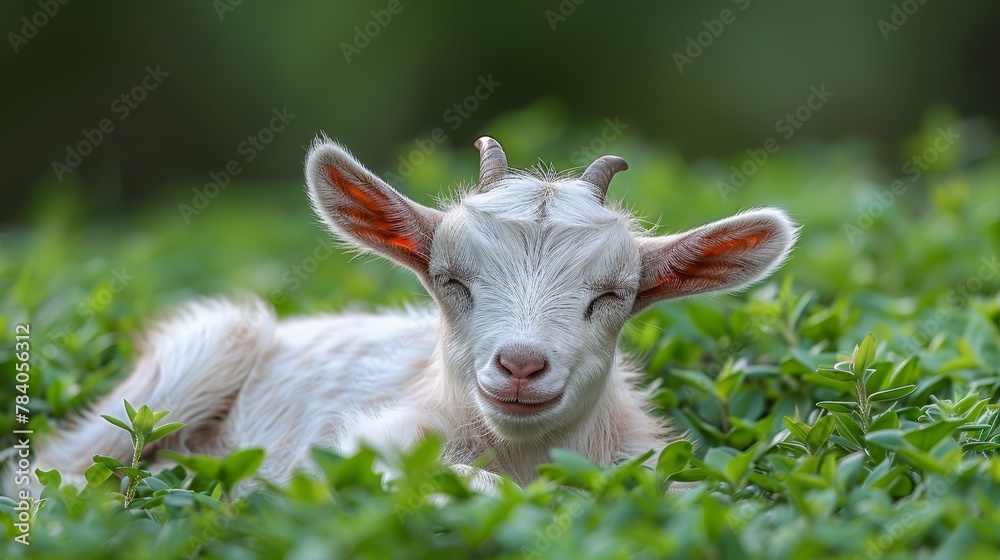 A close-up of a baby goat lying in a field of green grass with its eyes closed A close-up of a baby goat lying in a field of green grass with its eyes closed
