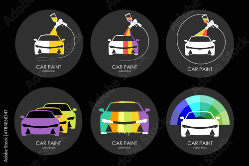 Six icons of cars with different paint schemes set against a dark background, vector illustration conceptualizing vehicle customization. Vector illustration