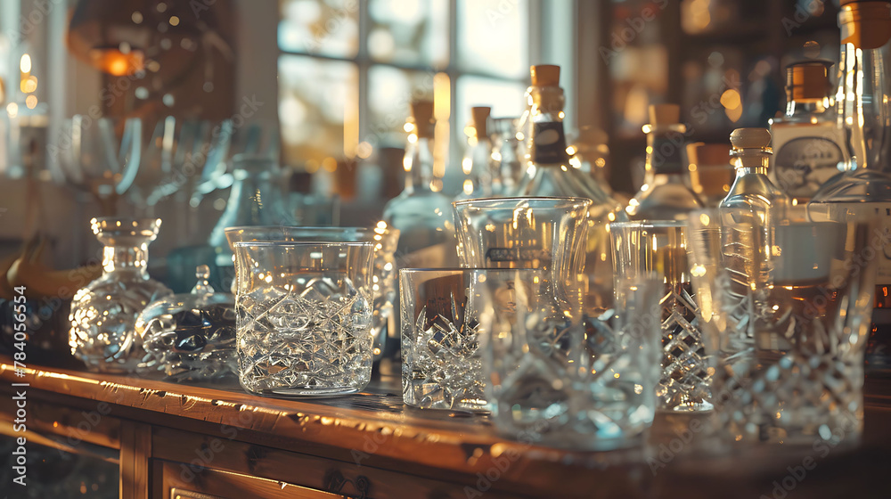 Macro shot of a collection of vintage glassware on a bar cart, modern interior design, scandinavian style hyperrealistic photography