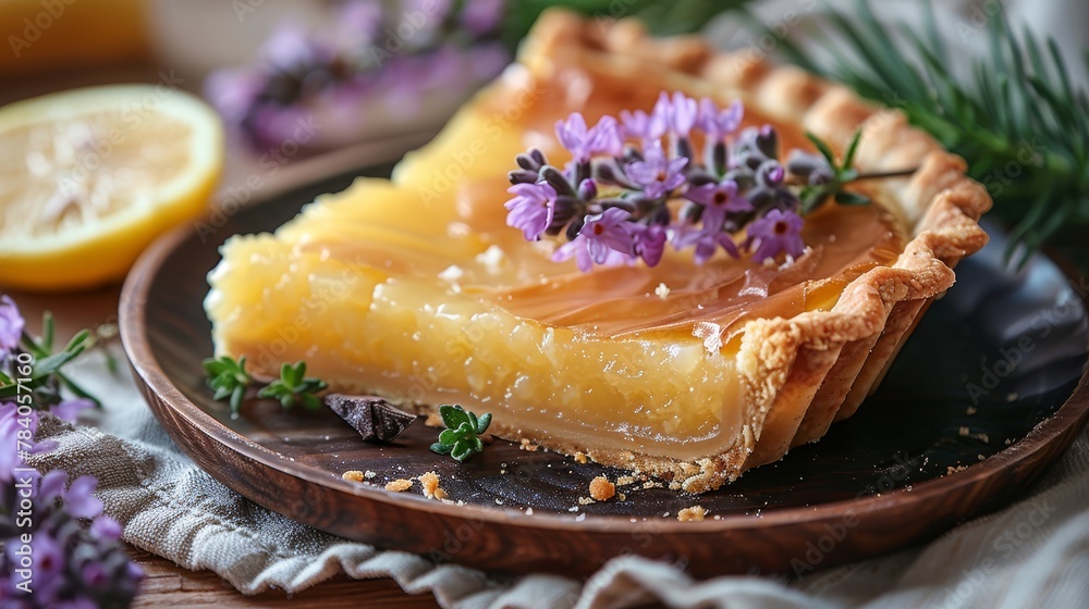 A pie sits atop a plate, a slice of lemon nearby Lavender gracefully rests atop the pie A pie sits atop a plate, a slice of lemon nearby Lavender gracefully rests atop the pie