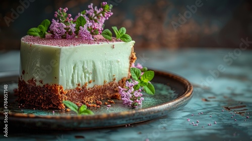  A cake topped with white frosting and purple flowers sits on a plate, placed on a table