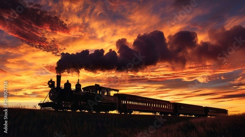 Artistic Silhouette: Capture the silhouette of the vintage train against a colorful sunset or sunrise sky, with steam rising dramatically. Generative AI