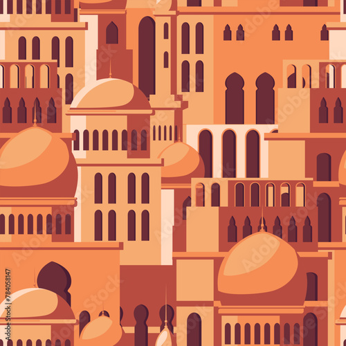 A pattern of Middle Eastern building facades in orange and red hues, vector illustration, on a solid background, concept of architecture. Vector illustration © GN.STUDIO