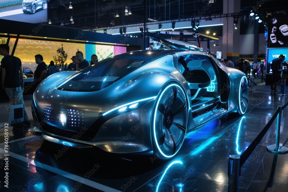 A futuristic electric car at an expo.