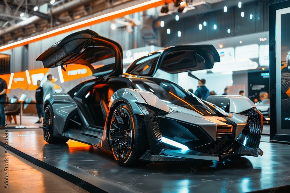 A futuristic electric car at an expo.