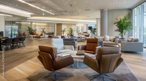 Modern Interior Design: Capture the overall ambiance of the business lounge, featuring contemporary furniture, stylish decor elements. Generative AI