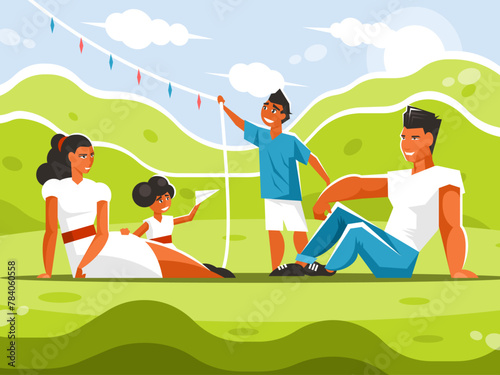 Family resting in the park. Mom, dad, daughter and son on a picnic. Vector graphics © Vectors