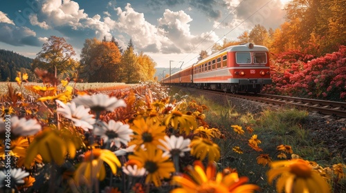 Seasonal Variation: Take photos of the same scene in different seasons, such as the train passing through blooming spring flowers, lush summer meadows, or colorful autumn foliage. Generative AI photo
