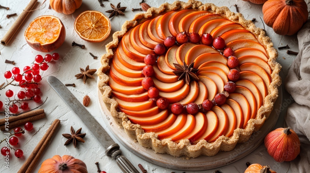 A pie featuring apples, oranges, and a dusting of cinnamon on a pristine white table Cinnamon sticks and halved oranges surround it A pie featuring apples, oranges, and a dusting of cinnamon on a pristine white table Cinnamon sticks and halved oranges surround it