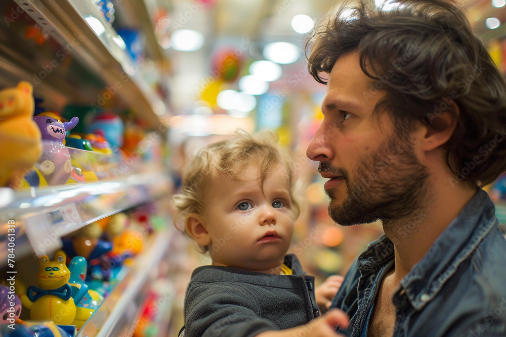 A father and baby exploring a toy store, eyes wide with wonder