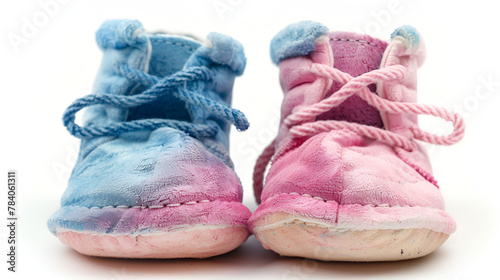 Blue and pink baby booties on white background