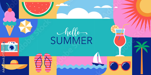 Colorful Geometric Summer and Travel Background, poster, banner. Summer time fun concept design promotion design and illustration