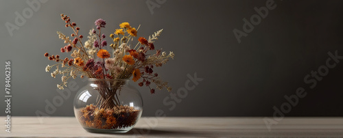 A transparent vase with a bouquet of dried flowers stands on the surface of the table on a plain brown background