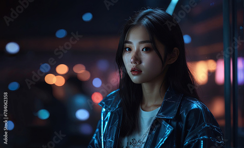 Portrait of an Asian girl in a shiny jacket on the background of a night city © Jackie