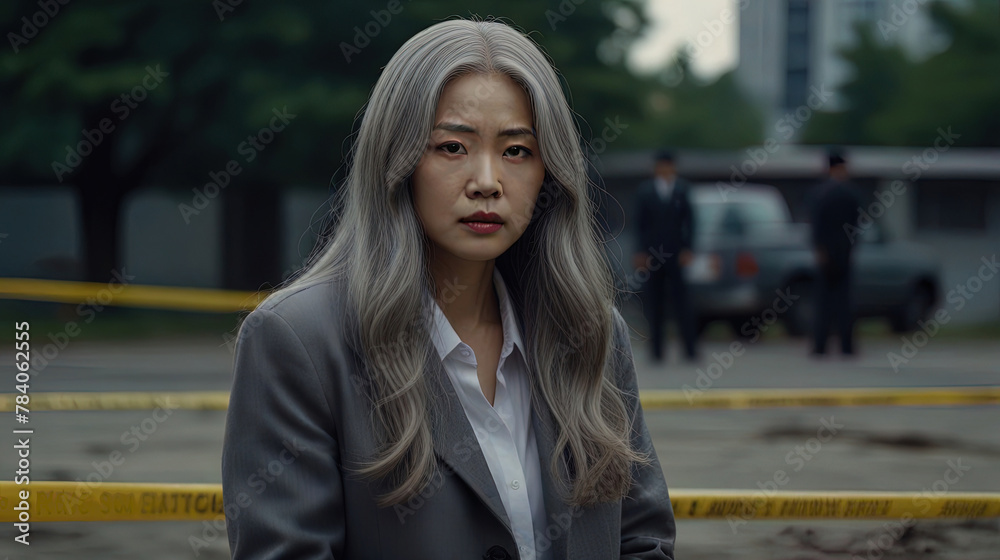 A portrait of an Asian woman with long gray hair stands behind a yellow ribbon at the crime scene