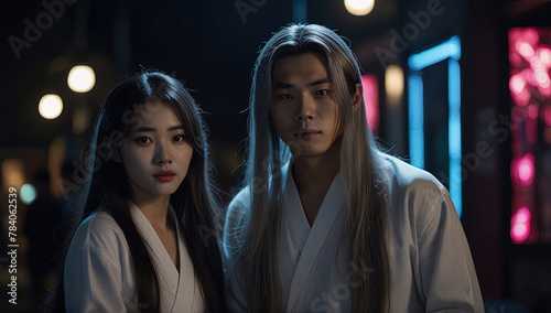 Portrait of a young Asian couple: a long-haired guy and a girl against the background of a night city