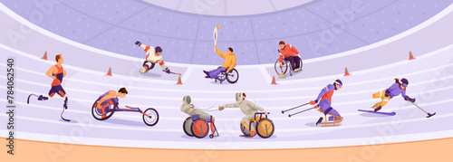 Athletes with disabilities competing in various sports on a purple background, concept of inclusivity and Paralympic Games, Vector illustration. Vector illustration