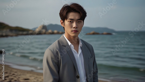 A young guy of Asian appearance stands on the seashore