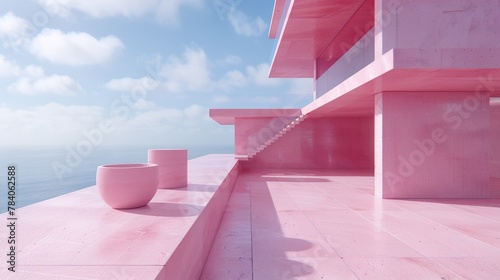 A pink building with two vases on the balcony overlooking a body of water, AI