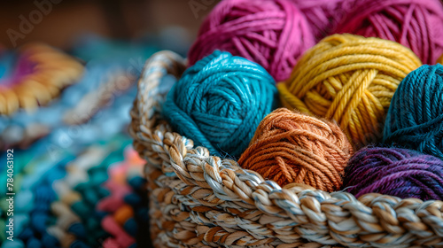 Closeup of colorful yarn clews in a basket