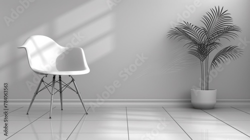 A white chair in a room with potted plant and wall, AI