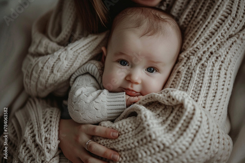 A cute baby nestled in the arms of a loving mom, surrounded by soft blankets.