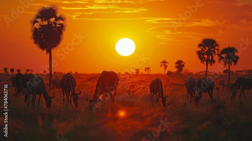  A herd of cattle grazes in a field as the sun sets, with palm trees in the foreground