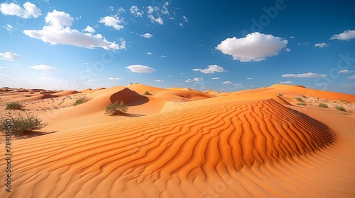   A collection of sand dunes in the desert  beneath a blue sky adorned with white clouds  features a few green plants in the foreground
