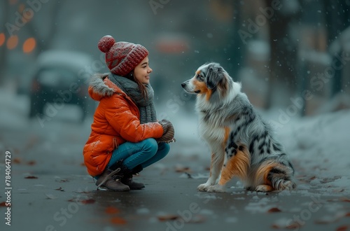 A girl and a dog are sitting on the ground, both wearing hats. The girl smiles and the dog wags its tail, under the snow.3