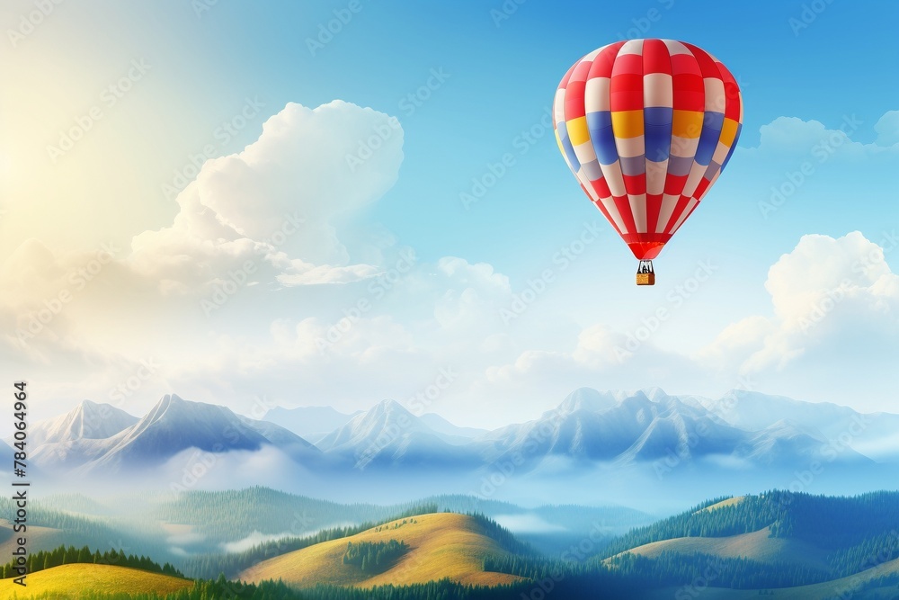 A colorful hot air balloon is flying in blue cloudy sky over a beautiful landscape