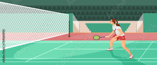 Female tennis player on the court playing tennis in a flat graphic style, on a green and red court background, concept of sports and activity, Vector illustration. Vector illustration