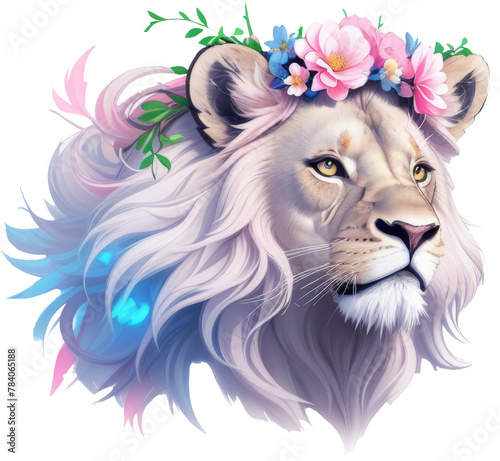 A lion with delicate flowers on its head. High-quality, stylish art in delicate colors.