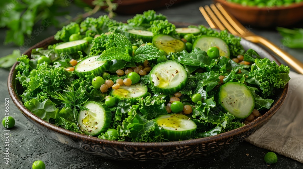   A bowl of broccoli, cucumbers, peas, and beans with a fork beside it