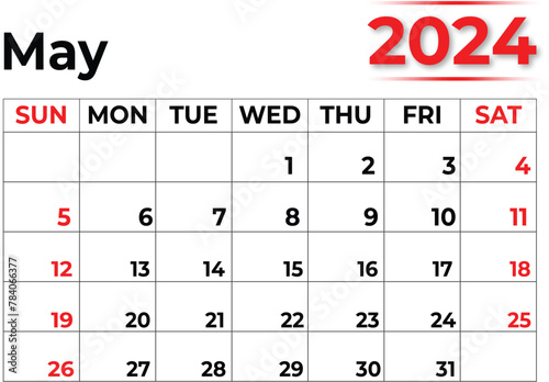May 2024 monthly calendar design in clean look