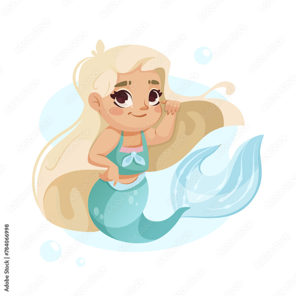 A cute cartoon mermaid with blonde hair, resting on a rock with bubbles, light blue background, fantasy concept, Vector illustration. Vector illustration A cute cartoon mermaid with blonde hair, resting on a rock with bubbles, light blue background, fantasy concept, Vector illustration. Vector illustration