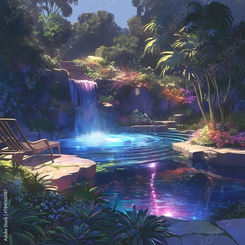 A Stunningly Beautiful Waterfall Garden Paradise with a Crystal Blue Pool and Tranquil Surroundings