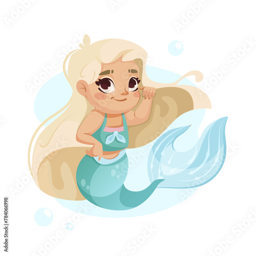 A cute cartoon mermaid with blonde hair, resting on a rock with bubbles, light blue background, fantasy concept, Vector illustration. Vector illustration