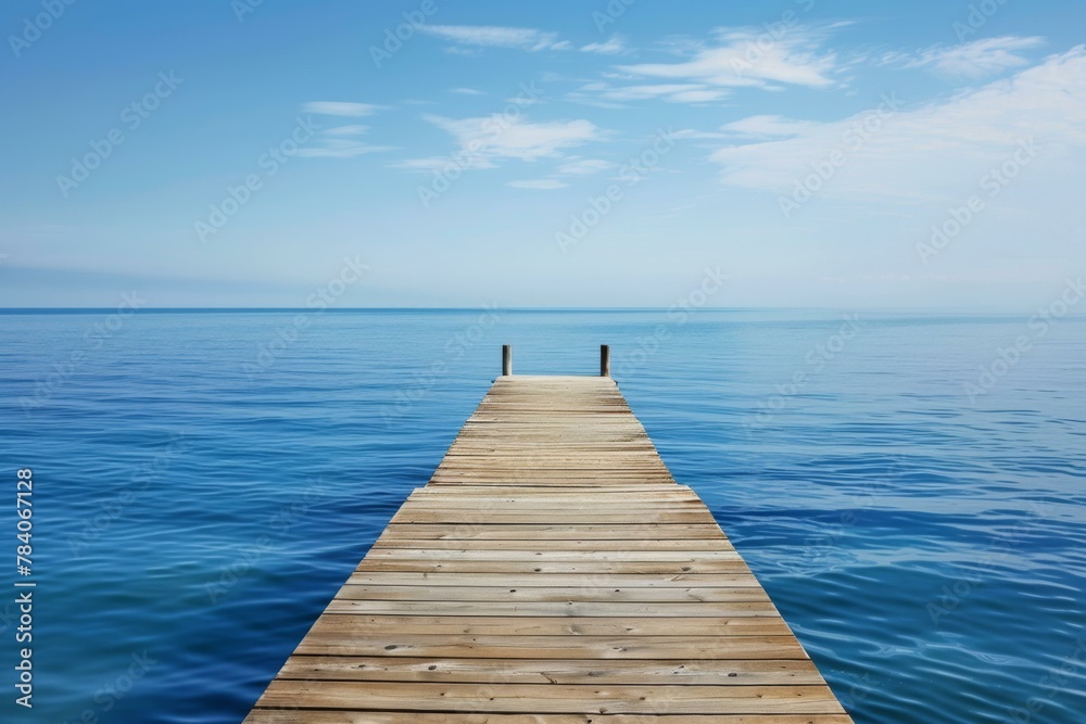 Tranquil Wooden Pier Over Serene Blue Sea, Relaxation Concept