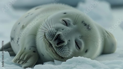  A close-up of a baby seal dozing on an ice float, its eyes shut