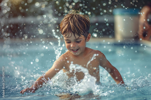 A boy in swim trunks splashing in a pool.