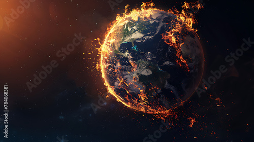 a dramatic scene of our planet Earth. One side of the Earth is engulfed in intense flames, signifying a catastrophic event.