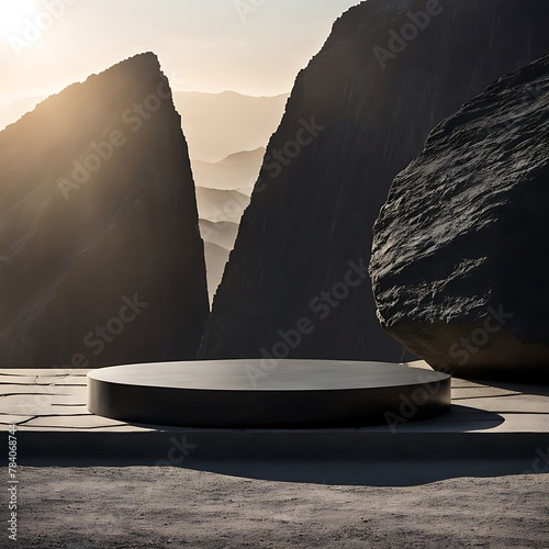 Black stone podium with sun shadow for product display in rock shape background 