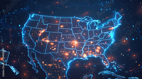 United States Outline: The central focus is an illuminated outline of the United States, glowing in vibrant blue and orange hues. Crisp lines delineate the country’s borders and state boundaries photo