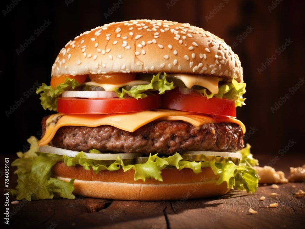 Cheeseburger with beef burger, tomatoes, cheese, pickled cucumber and lettuce on a wooden surface and dark background. Cheeseburger with beef burger, tomatoes, cheese, pickled cucumber and lettuce on a wooden surface and dark background.