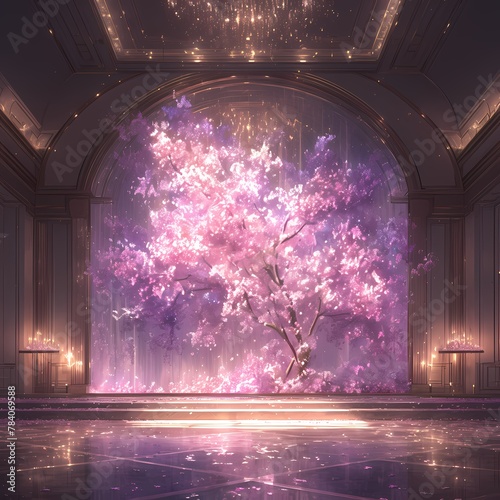 Majestic Ruby-Radiance Ballroom Awaits Entrance Through Luminous Cherry Blossom Portal