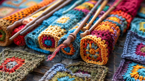 Handmade granny squares and assorted crochet hooks photo
