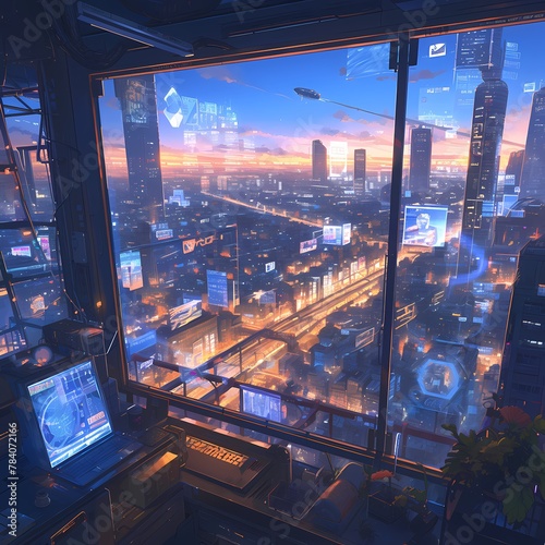 Vibrant and Technologically Advanced Urban Scenery from a High-Rise Office