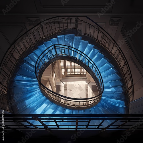 A captivating view of a grand spiral staircase, adorned with blue sapphire steps, set against the backdrop of an opulent atrium. This image exudes luxury and sophistication.