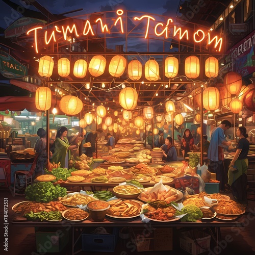Lively Street Food Bazaar Under Neon Lights in Southeast Asia