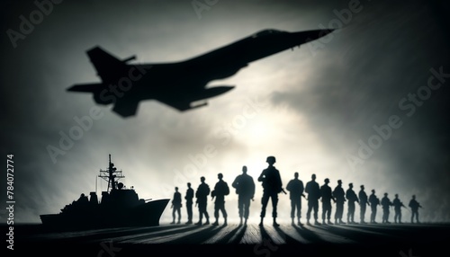 Silhouette of military forces with jet and warship